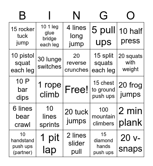 Base Conditioning Bingo! Bingo Card