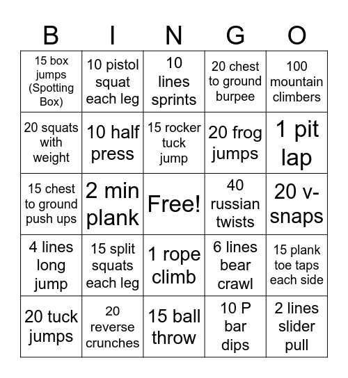 Base Conditioning Bingo! Bingo Card