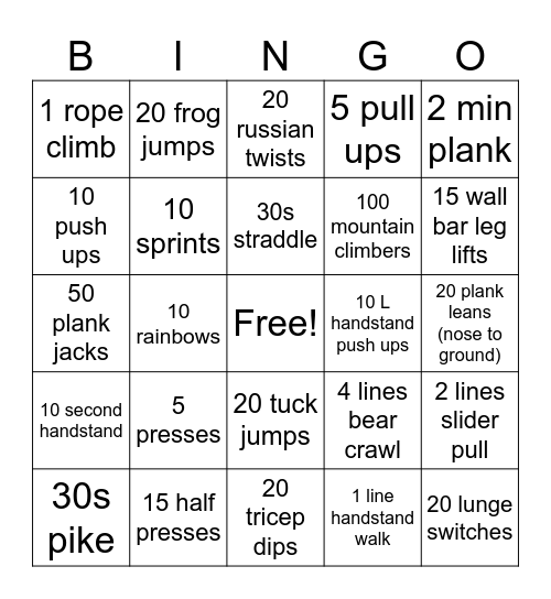 Base Conditioning Bingo! Bingo Card