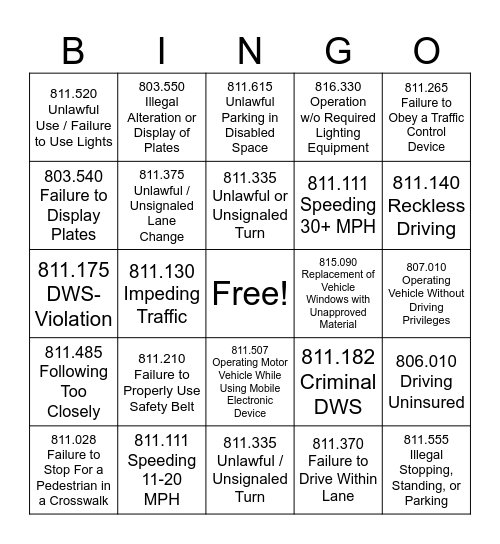 Traffic Bingo Card