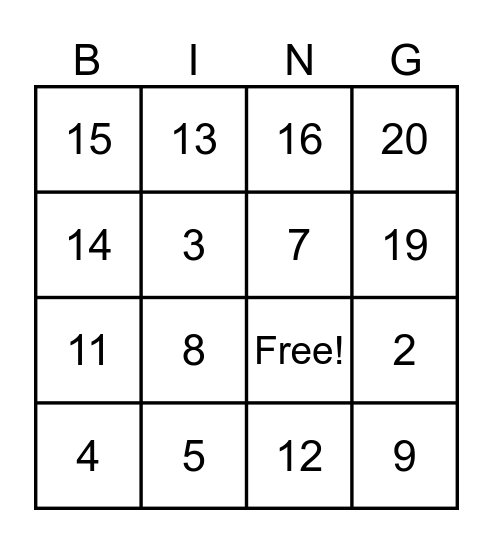 Numbers 0-20 Bingo Card