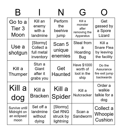 Lethal Company Bingo Card