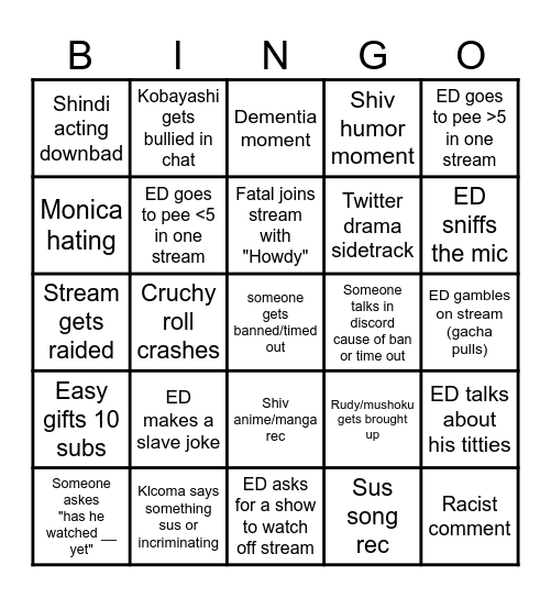 EDanime stream bingo Card