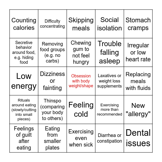 Eating Disorder Bingo Card