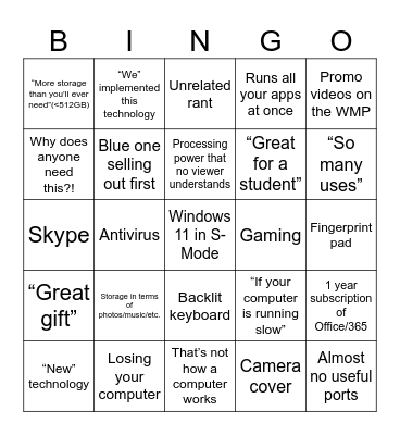 HSN Selling Computers Bingo Card