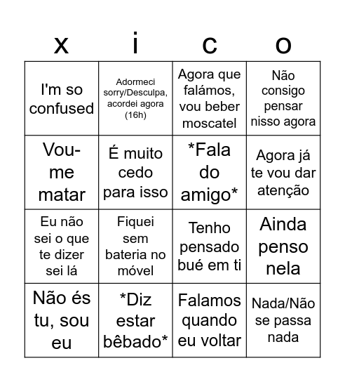 O que ele vai dizer Bingo Card