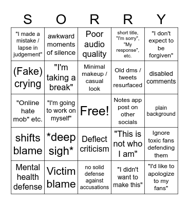 Youtuber Apology Bingo Card