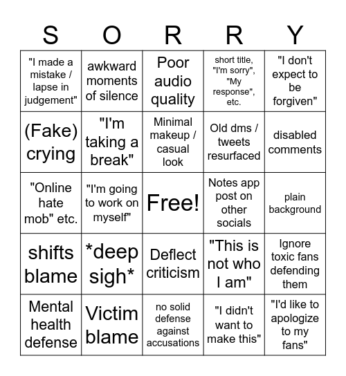 Youtuber Apology Bingo Card