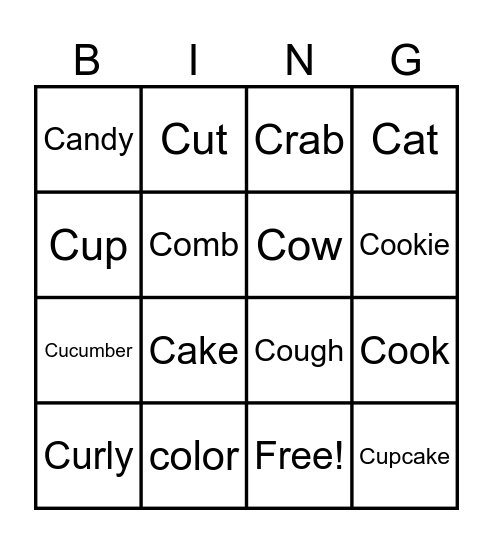 Hard C Sounds Bingo Card