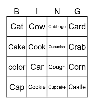 Hard C Sounds 2 Bingo Card