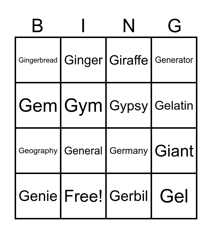 Words Starting with Soft G Bingo Card