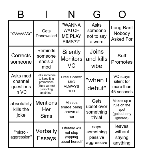 OOONSHA VC BINGO Card