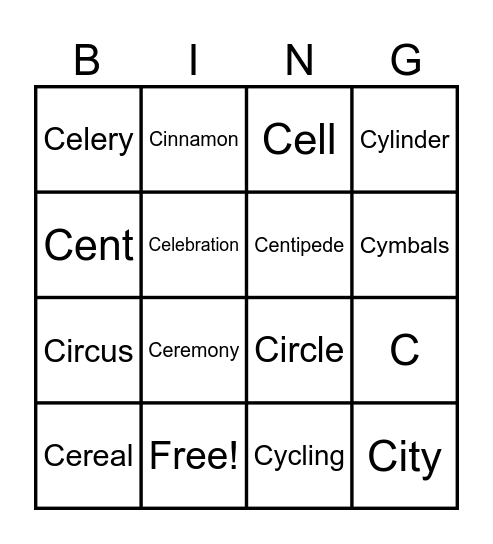 Words that Begin with Soft C Bingo Card