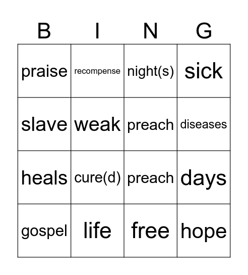 5th Sunday in Ordinary Time Year B Bingo Card