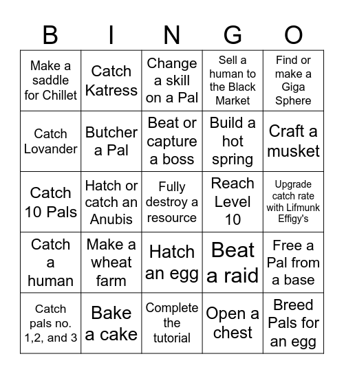 Palworld Bingo Card