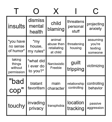 Toxic Parent Bingo Card