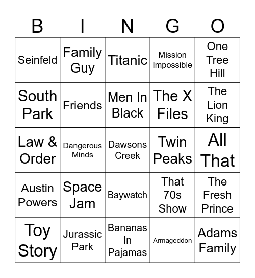 90's Soundtracks Bingo Card