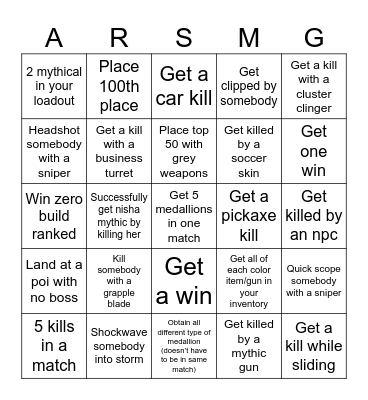 Fortnite ARSMG Bingo Card