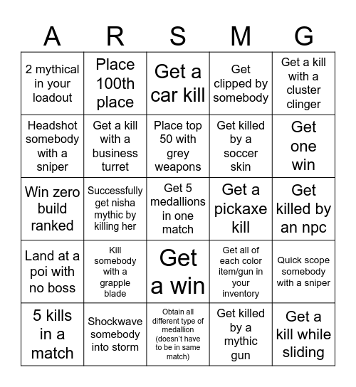 Fortnite ARSMG Bingo Card