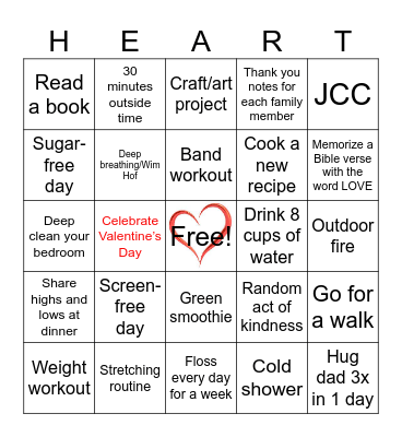 February Family Wellness Challenge Bingo Card