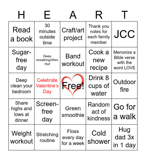 February Family Wellness Challenge Bingo Card
