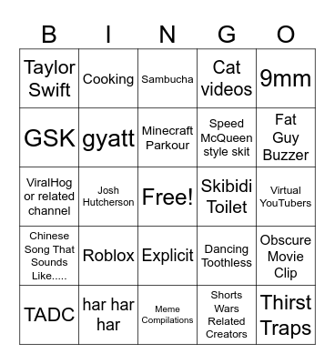 YouTube Shorts Bingo Card