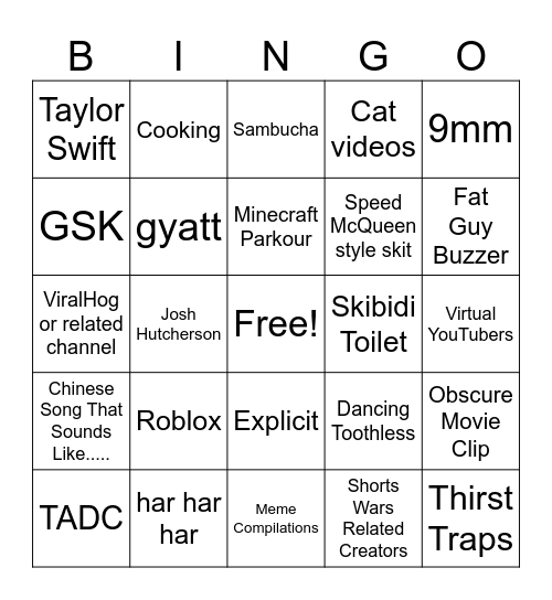 YouTube Shorts Bingo Card