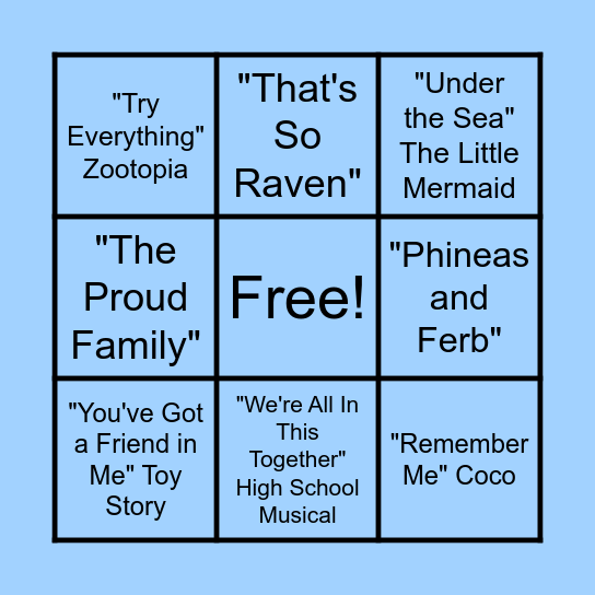 Disney Songs Bingo Card