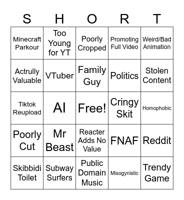 Shorts Bingo Card