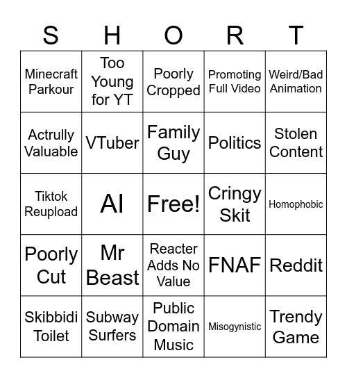 Shorts Bingo Card