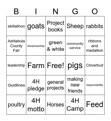 4H Bingo Card
