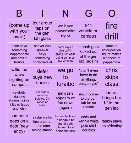 end of semester pepperdine bingo (thomas's card) Bingo Card