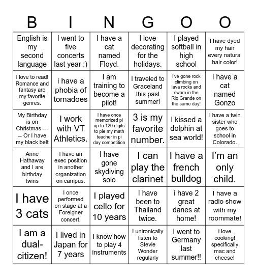 Active Fun Fact Bingo Card