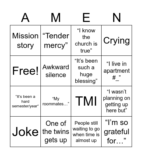 Testimony Meeting Bingo Card