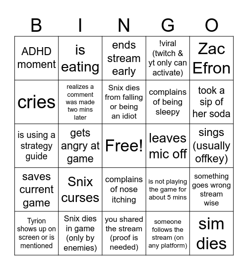 Snix Streams Bingo Card