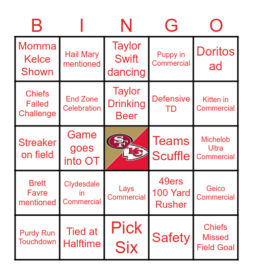 Chiefs vs 49ers Bingo Card
