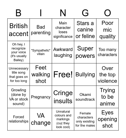 Youtube Furry Show Bingo Card