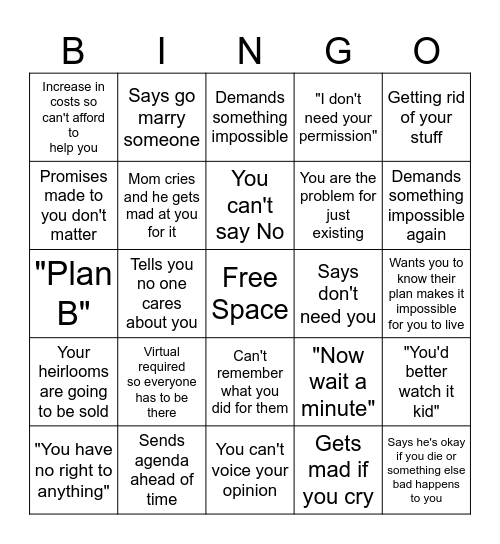 Family Meeting Bingo Card