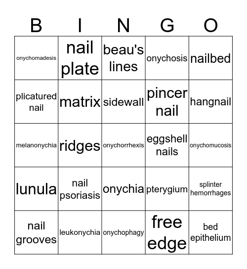 Nail structure & disease & disorders Bingo Card