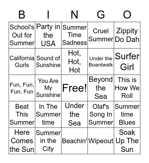 Summer Playlist Bingo Card
