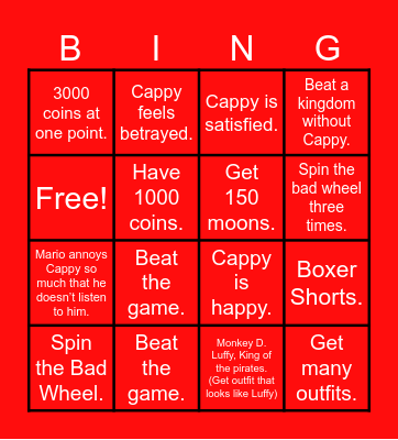 Mario Odyssey Cappy Goals Bingo Card