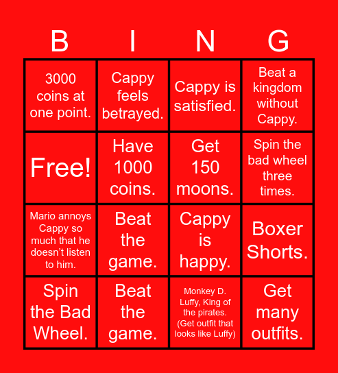 Mario Odyssey Cappy Goals Bingo Card