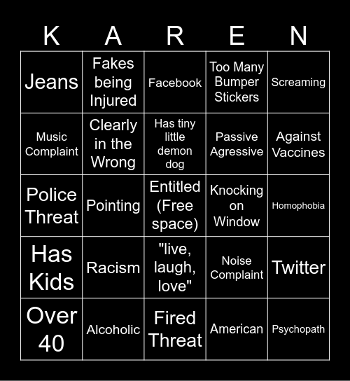 Karen Bingo Card