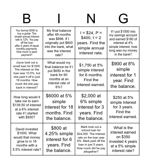 Simple Interest Bingo Card