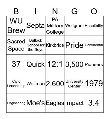 Widener University Trivia Bingo Card