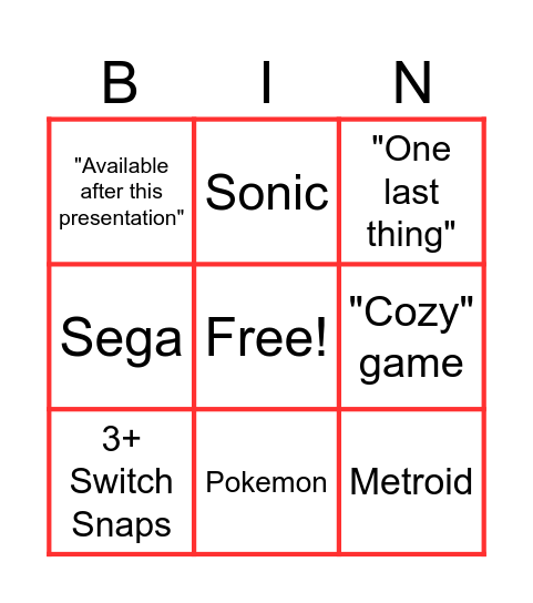 Nintender Bingo Card