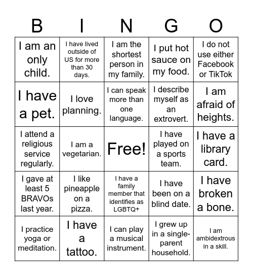 Diversity Bingo Card