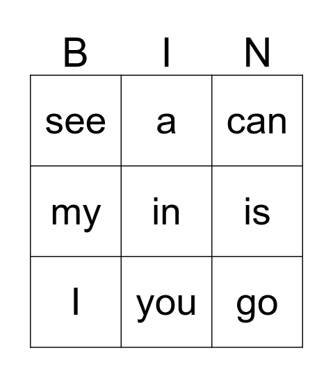 Sight Word Bingo Card