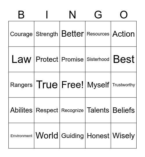 Rangers Promise and Law Bingo Card