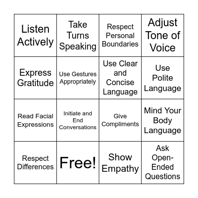 Social Expectations Bingo Card